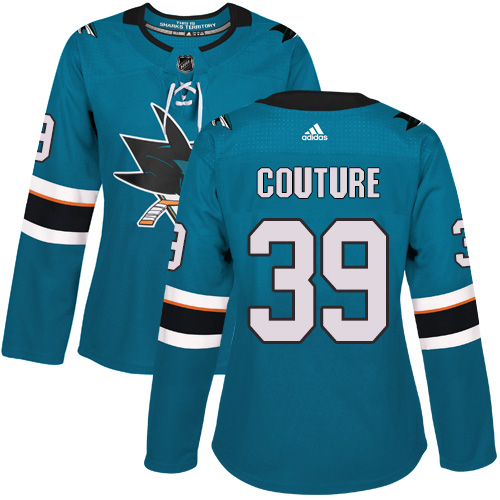 Adidas Sharks #39 Logan Couture Teal Home Authentic Women's Stitched NHL Jersey